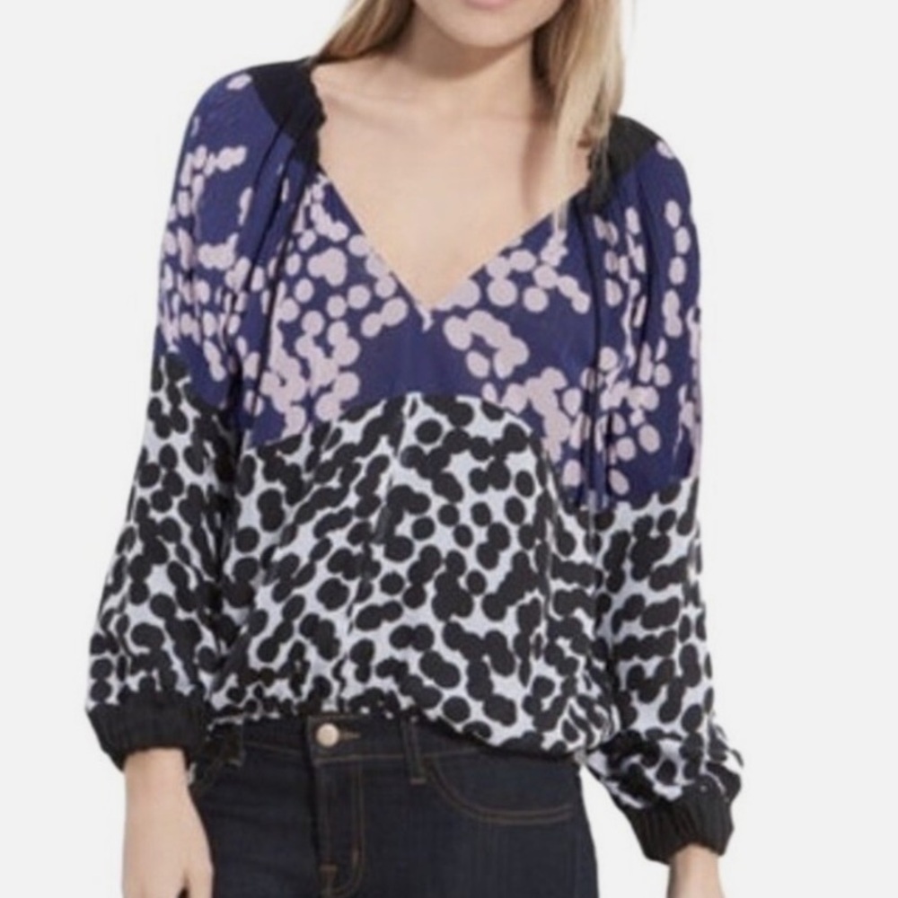 Diane Von Furstenberg DVF Pleated Mikino Top Blouse Dots Print Size 4